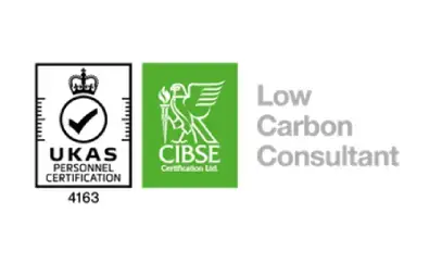 A group of three logos that include the company logo, cibse certification ltd and low carbon consulting.