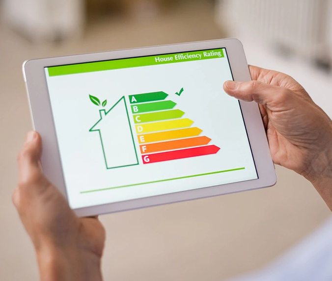 A person holding an ipad with energy efficiency rating on it.